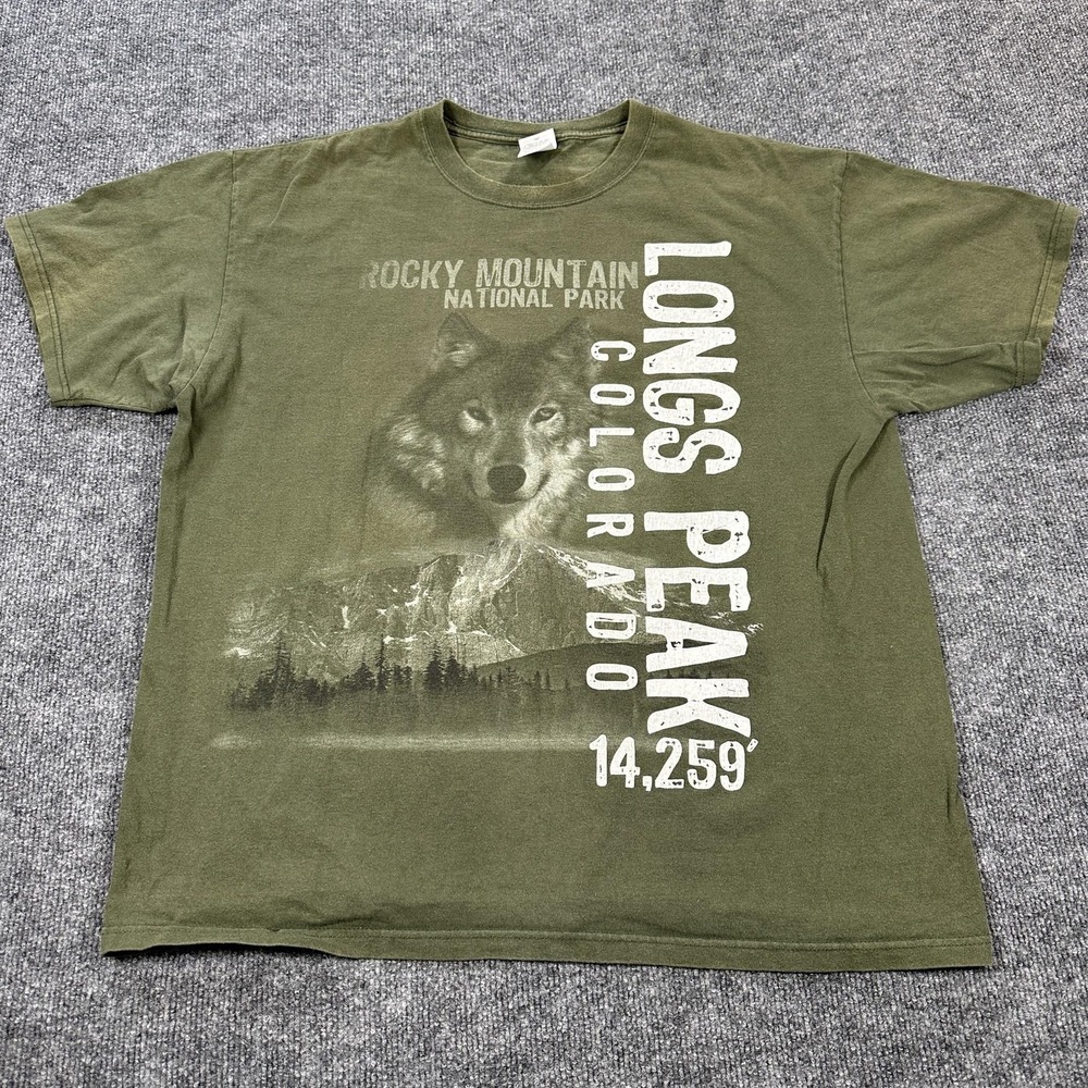 Anvil Longs Peak Colorado Shirt Mens XL Green Wolf Rocky Mountain Graphic Tee